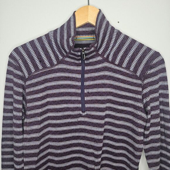 SMARTWOOL Women’s Half Zip T-Shirt Large Long Sleeve Purple Stipes FLAWS - Picture 2 of 10